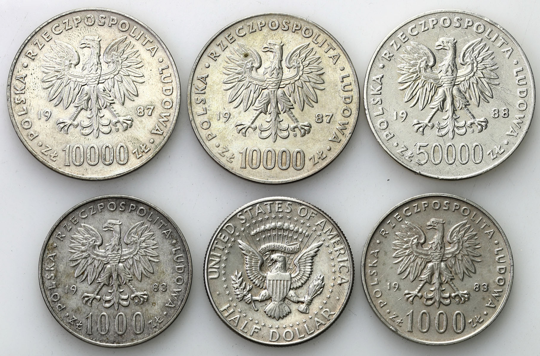 Polska, USA. Monety srebrne, zestaw 6 sztuk